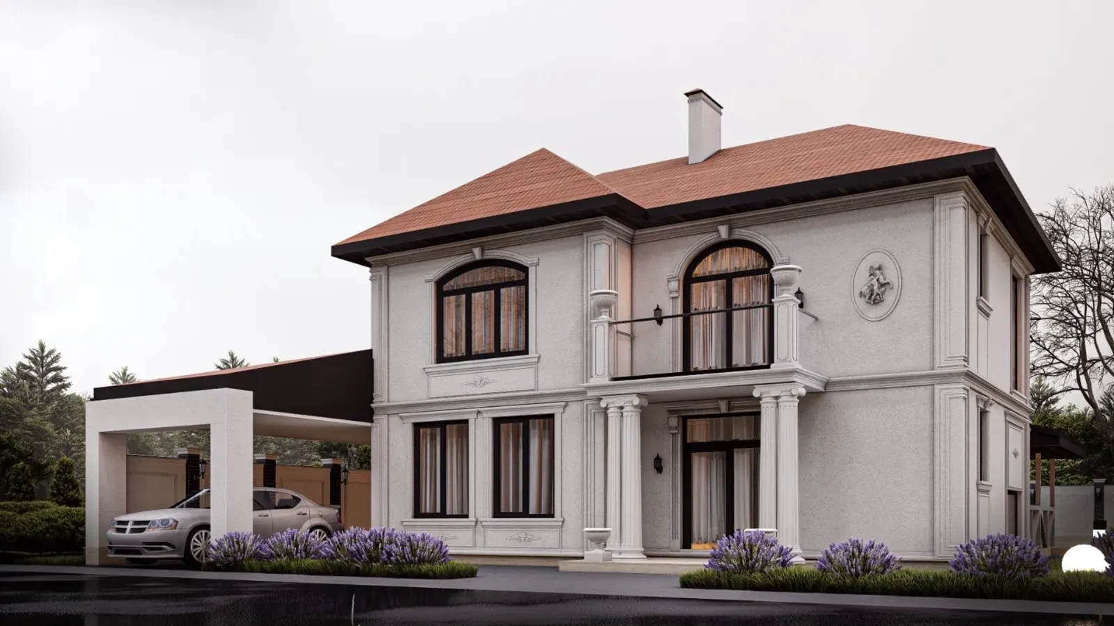 Casă cu ancadramente la ferestre și coloane la intrare